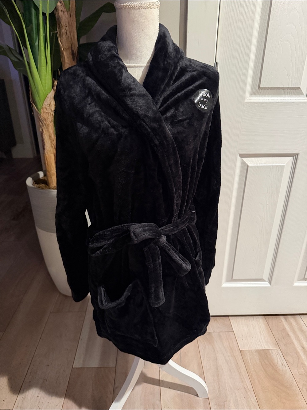 Plush Black Shawl-Collar Robe with Self-Tie Belt